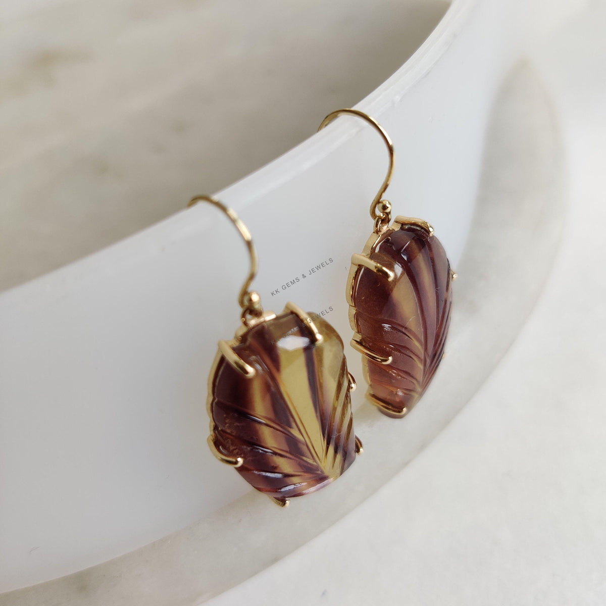 Natural Carving Fluorite Earrings, 14K Solid Yellow Gold, March Birthstone