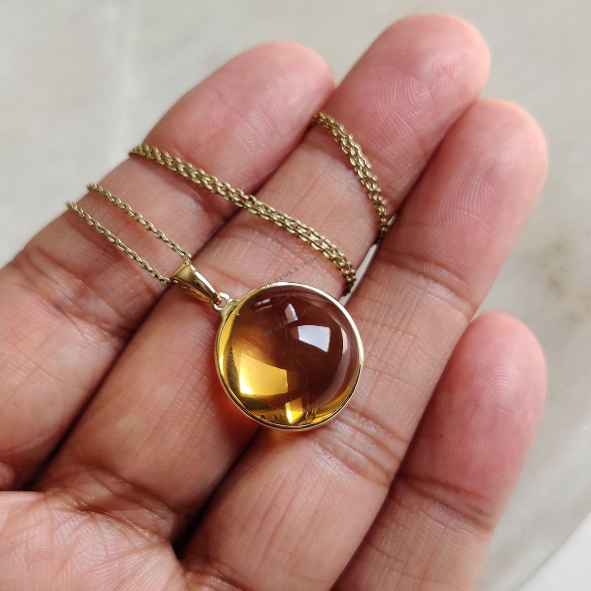 14K Solid Gold Natural Citrine Pendant, Round Cabochon Bezel, November Birthstone