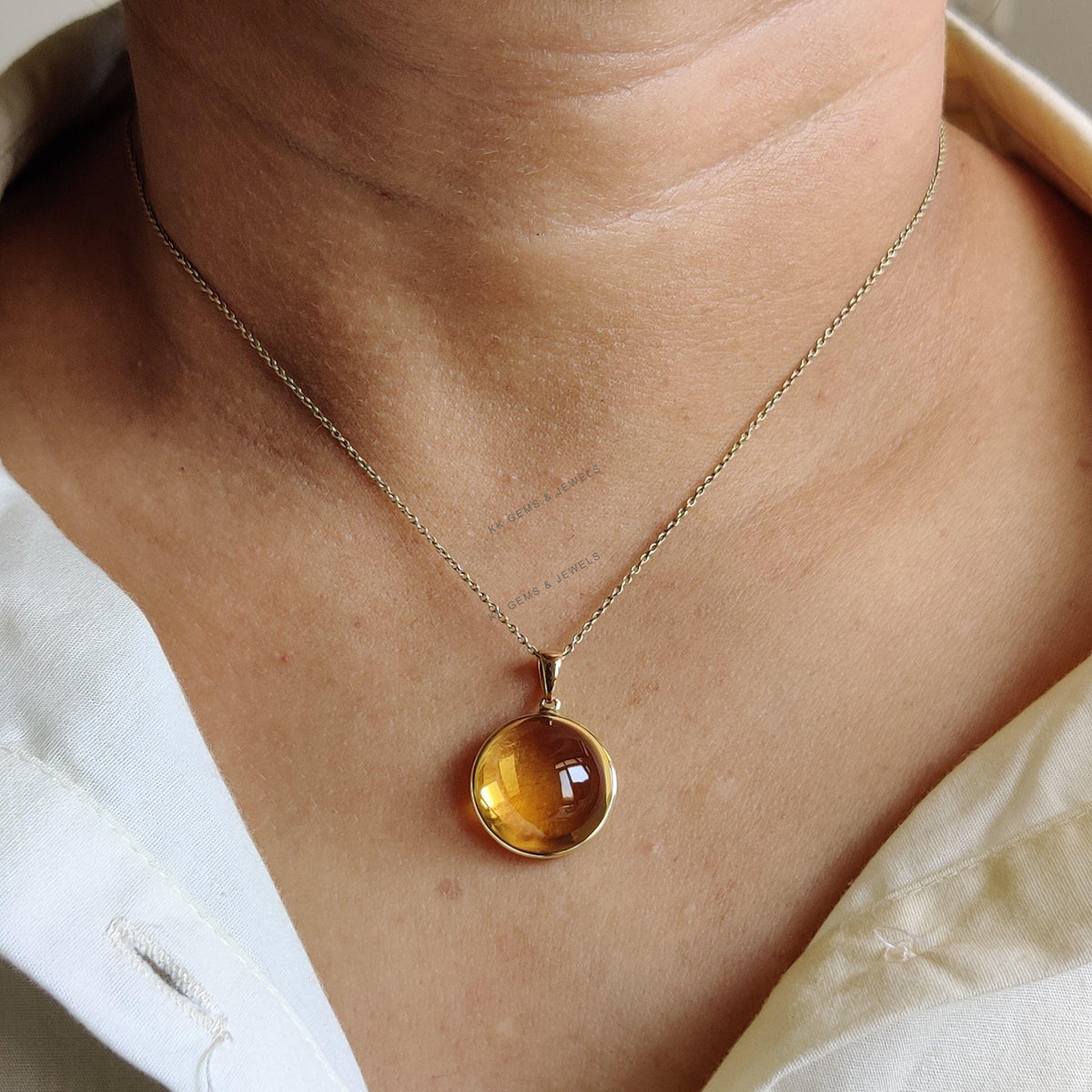 14K Solid Gold Natural Citrine Pendant, Round Cabochon Bezel, November Birthstone