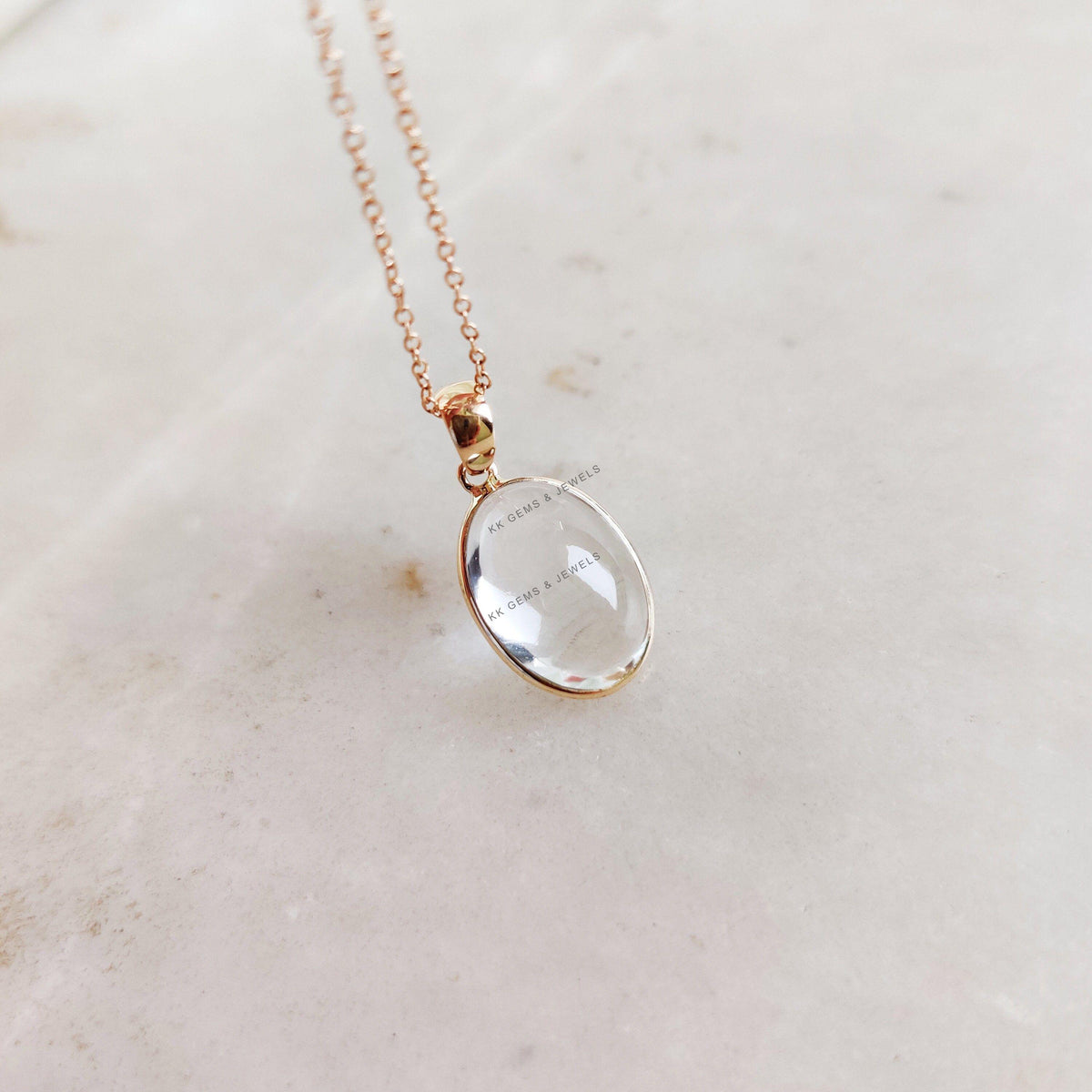 14K Solid Gold Natural Clear Quartz Bezel Pendant, April Birthstone