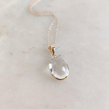 14K Solid Gold Natural Clear Quartz Bezel Pendant, April Birthstone