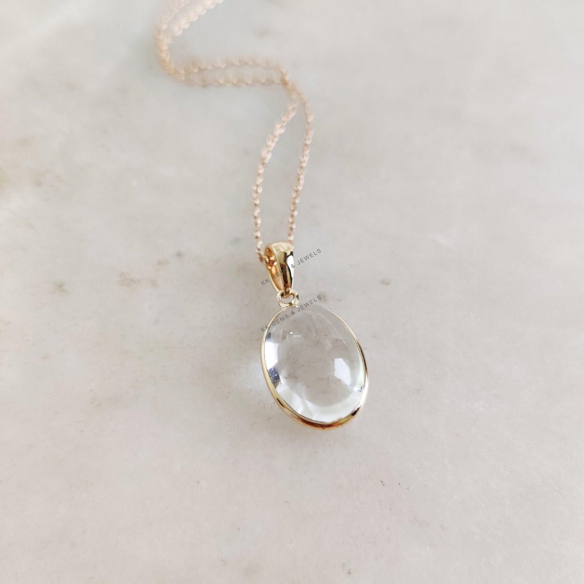 14K Solid Gold Natural Clear Quartz Bezel Pendant, April Birthstone