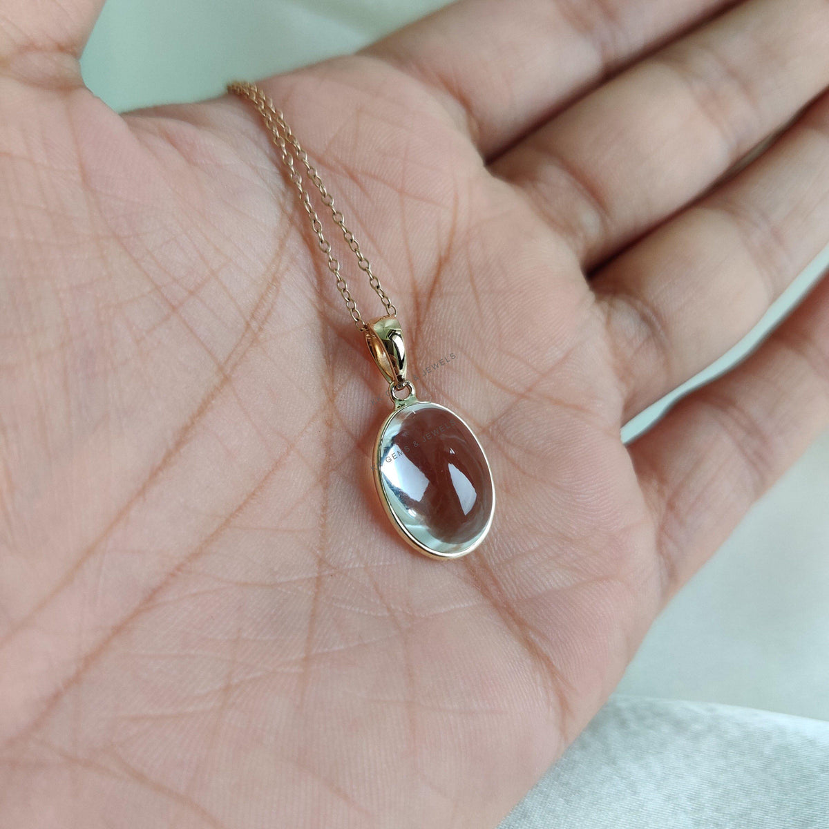 14K Solid Gold Natural Clear Quartz Bezel Pendant, April Birthstone