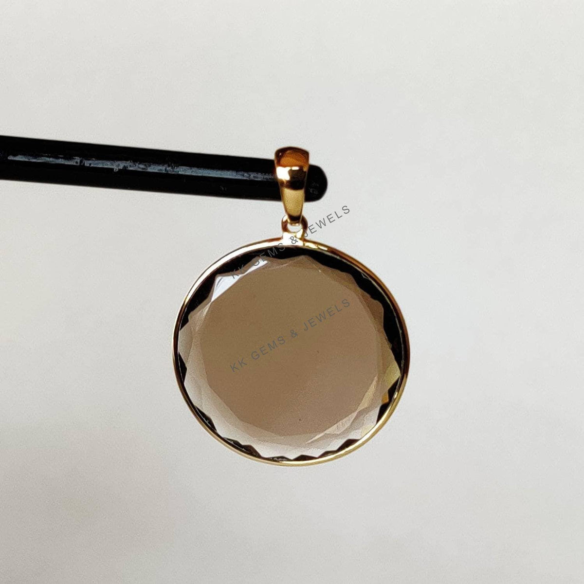 14K Solid Yellow Gold Natural Smoky Quartz Pendant, Round Flat Cut June Birthstone