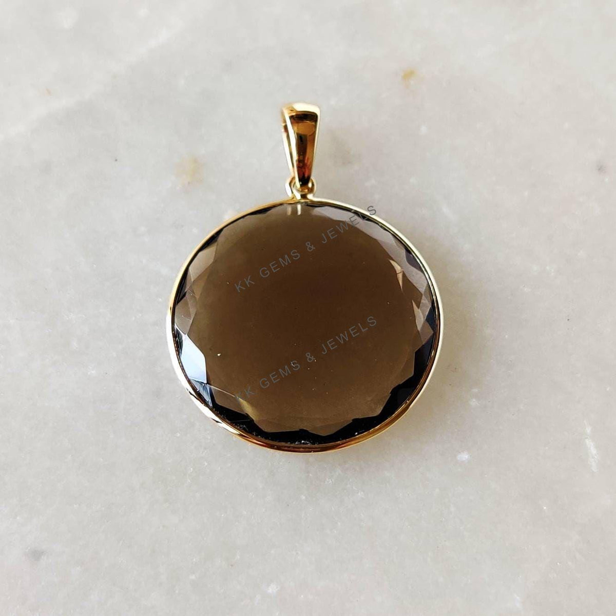 14K Solid Yellow Gold Natural Smoky Quartz Pendant, Round Flat Cut June Birthstone