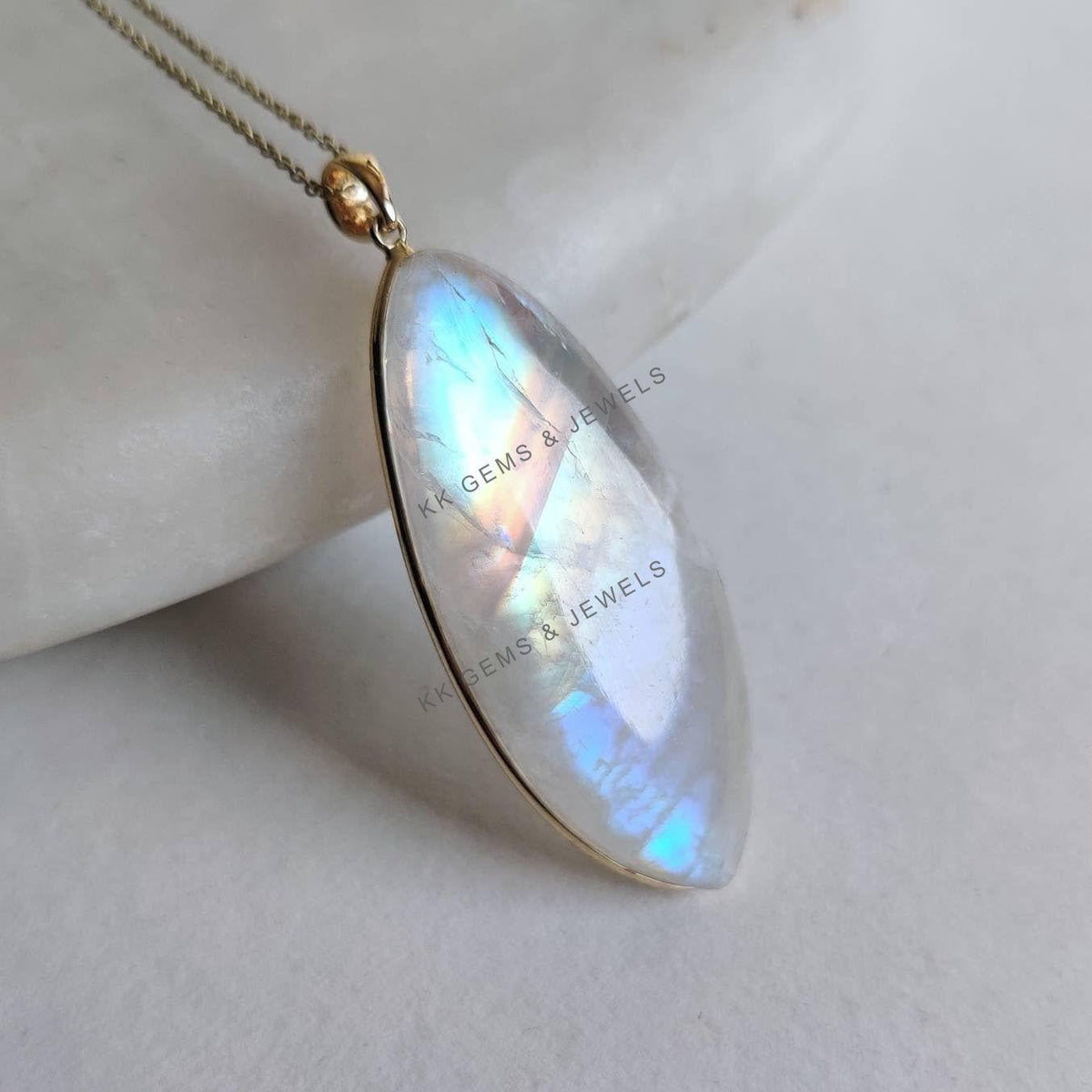 Natural Rainbow Moonstone Pendant, 14K Solid Yellow Gold Marquise Cabochon