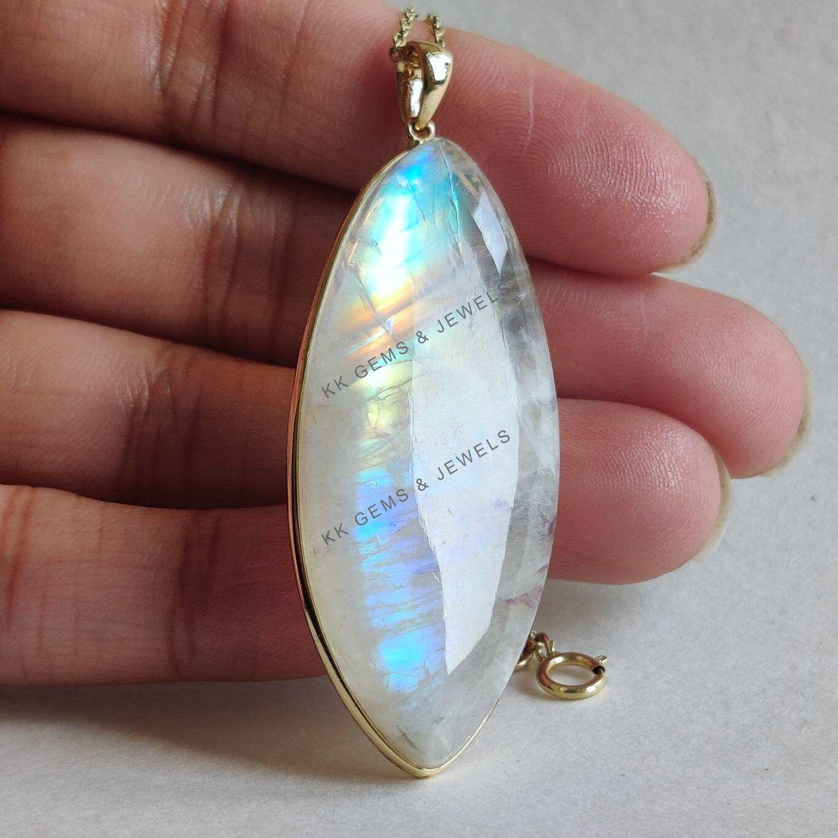 Natural Rainbow Moonstone Pendant, 14K Solid Yellow Gold Marquise Cabochon