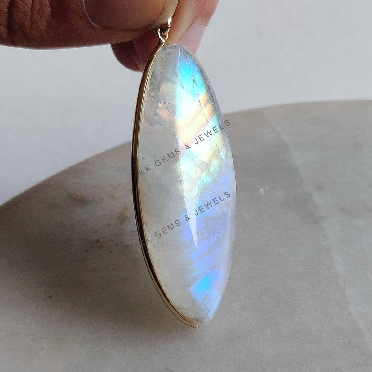 Natural Rainbow Moonstone Pendant, 14K Solid Yellow Gold Marquise Cabochon