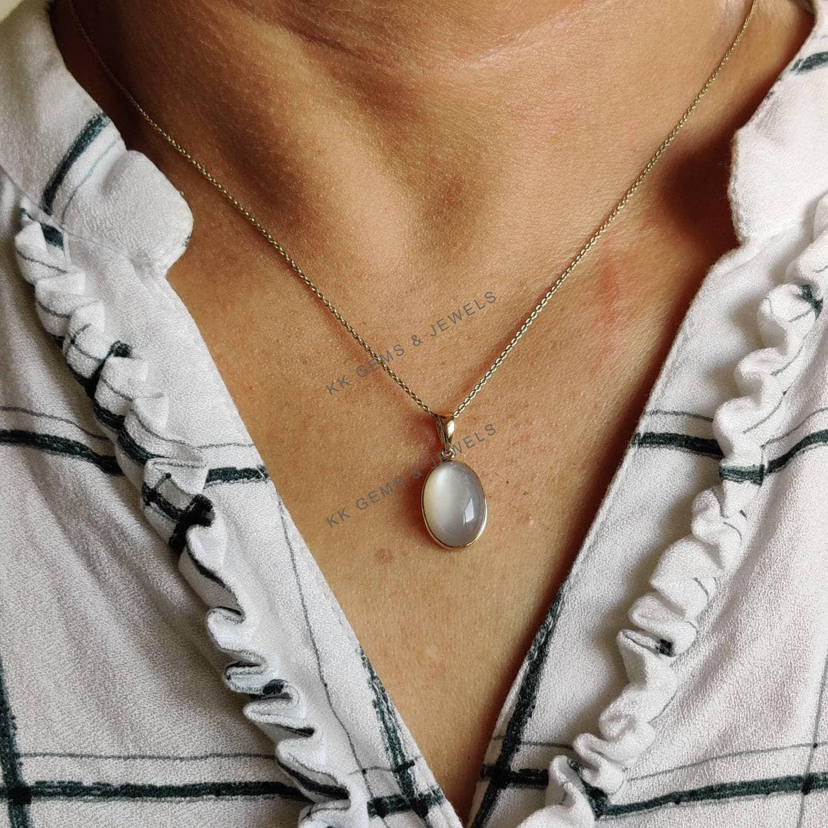 14K Solid Gold Natural White Moonstone Pendant, Oval Bezel, June Birthstone