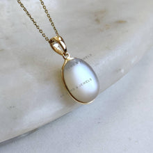 14K Solid Gold Natural White Moonstone Pendant, Oval Bezel, June Birthstone