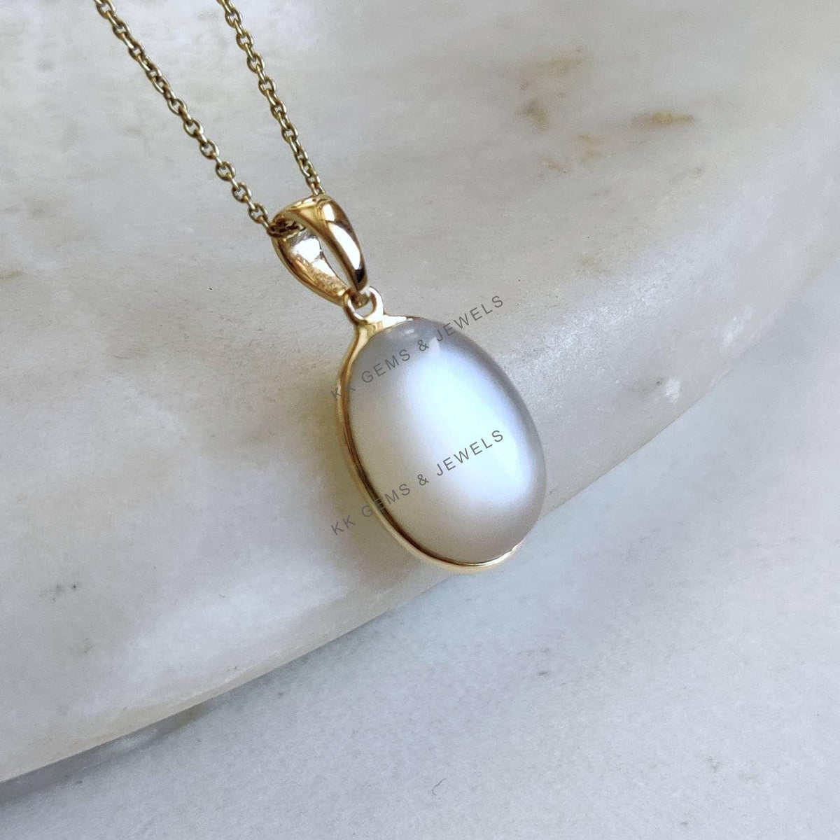 14K Solid Gold Natural White Moonstone Pendant, Oval Bezel, June Birthstone