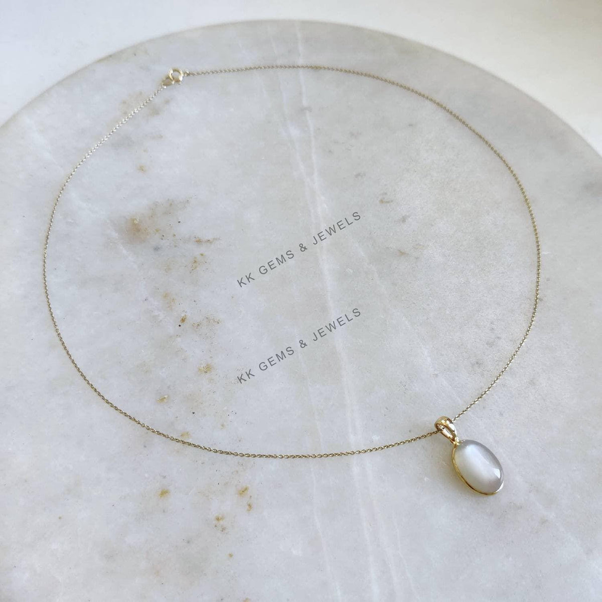 14K Solid Gold Natural White Moonstone Pendant, Oval Bezel, June Birthstone