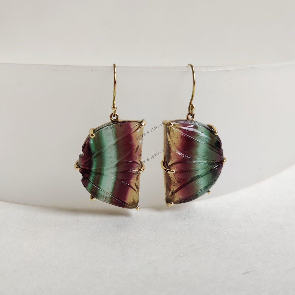 Carved Natural Fluorite Earrings, 14K Solid Yellow Gold, March Birthstone