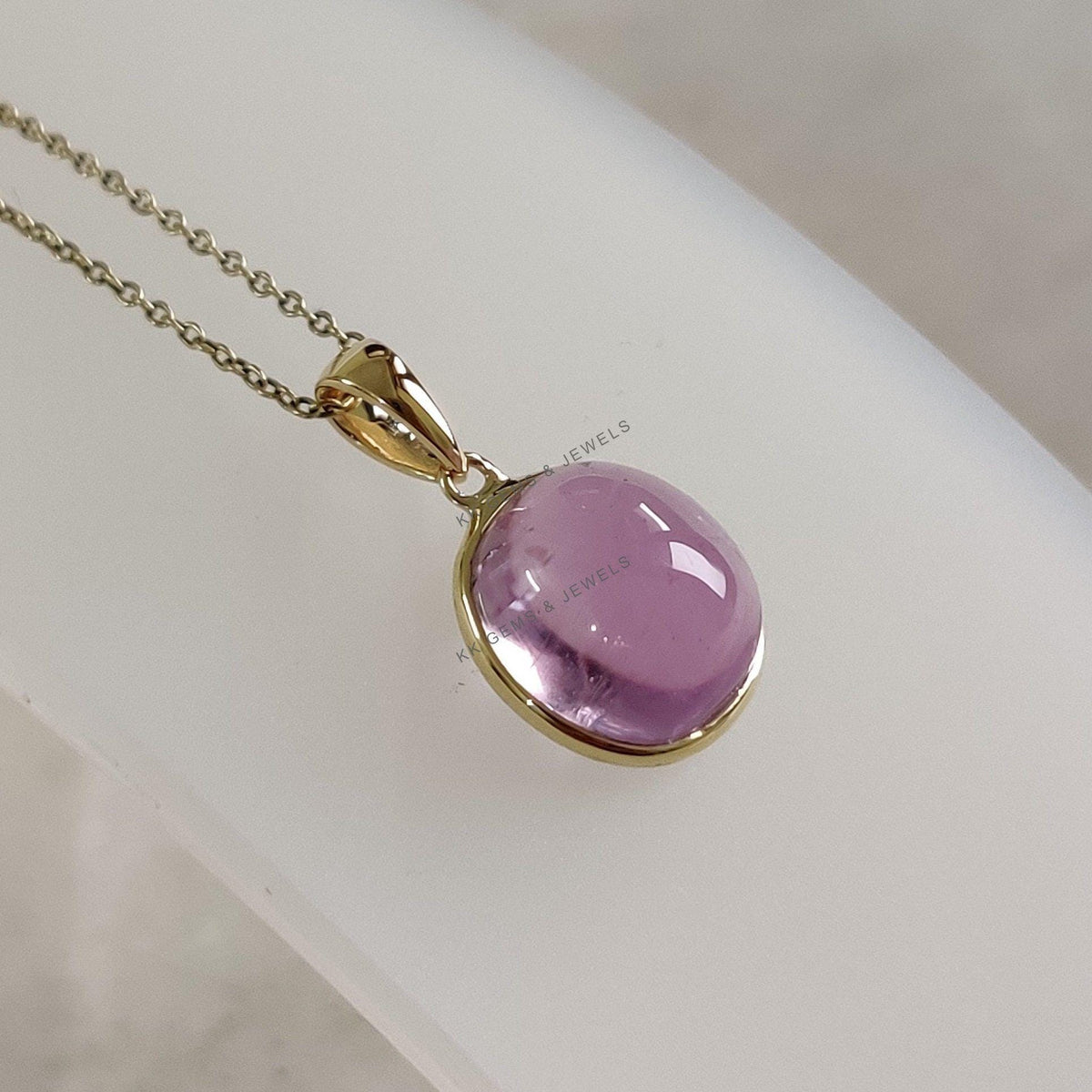 Natural Kunzite Pendant, 14K Solid Yellow Gold Bezel, Oval February Birthstone
