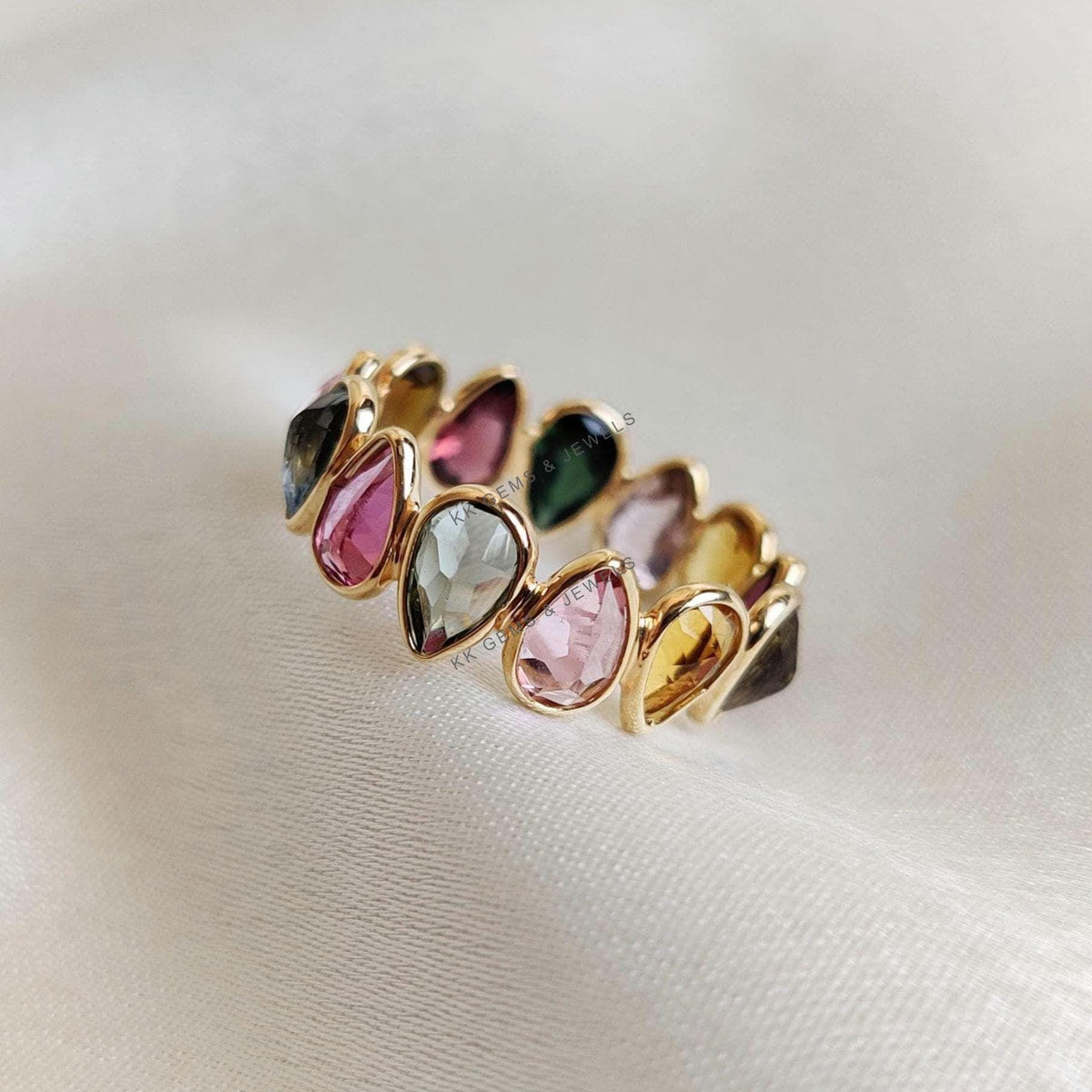 14K Solid Gold Natural Multi Tourmaline Pear Cut Stackable Ring, October Birthstone