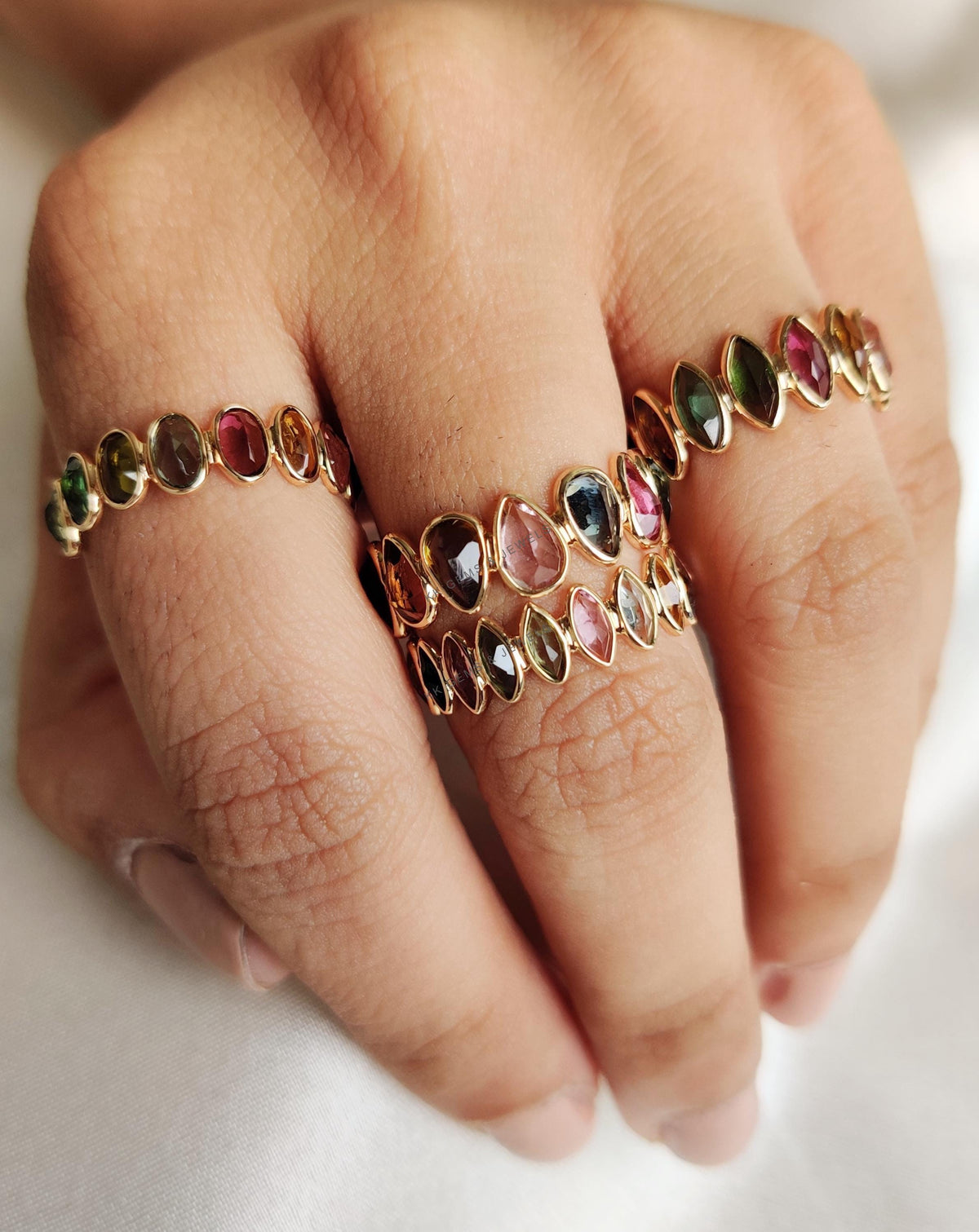 14K Solid Gold Natural Multi Tourmaline Pear Cut Stackable Ring, October Birthstone