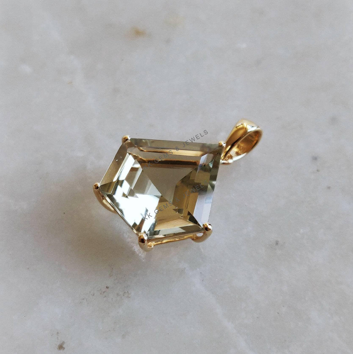 14K Solid Gold Natural Green Amethyst Pentagon Pendant, February Birthstone