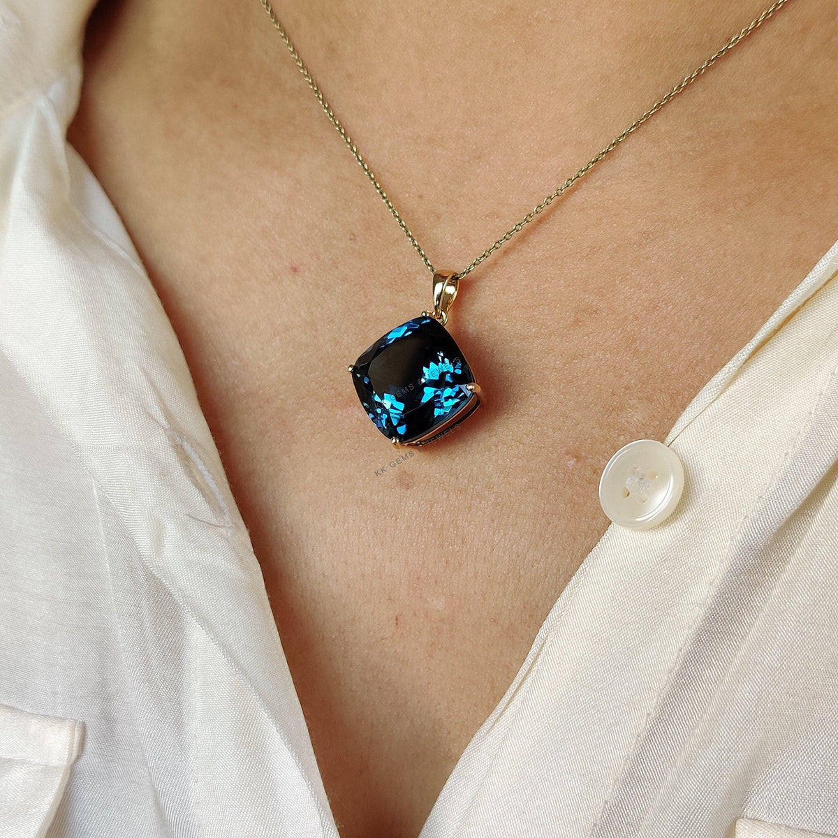 Natural London Blue Topaz Pendant, 14K Solid Yellow Gold, December Birthstone