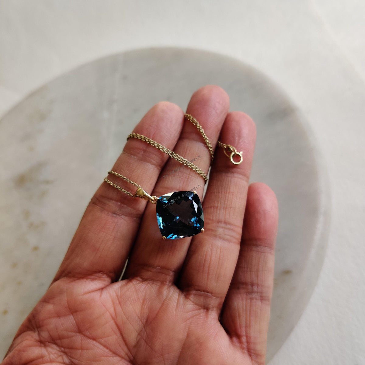 Natural London Blue Topaz Pendant, 14K Solid Yellow Gold, December Birthstone