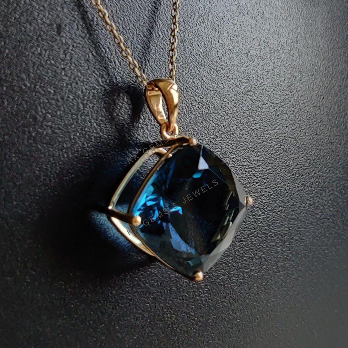 Natural London Blue Topaz Pendant, 14K Solid Yellow Gold, December Birthstone