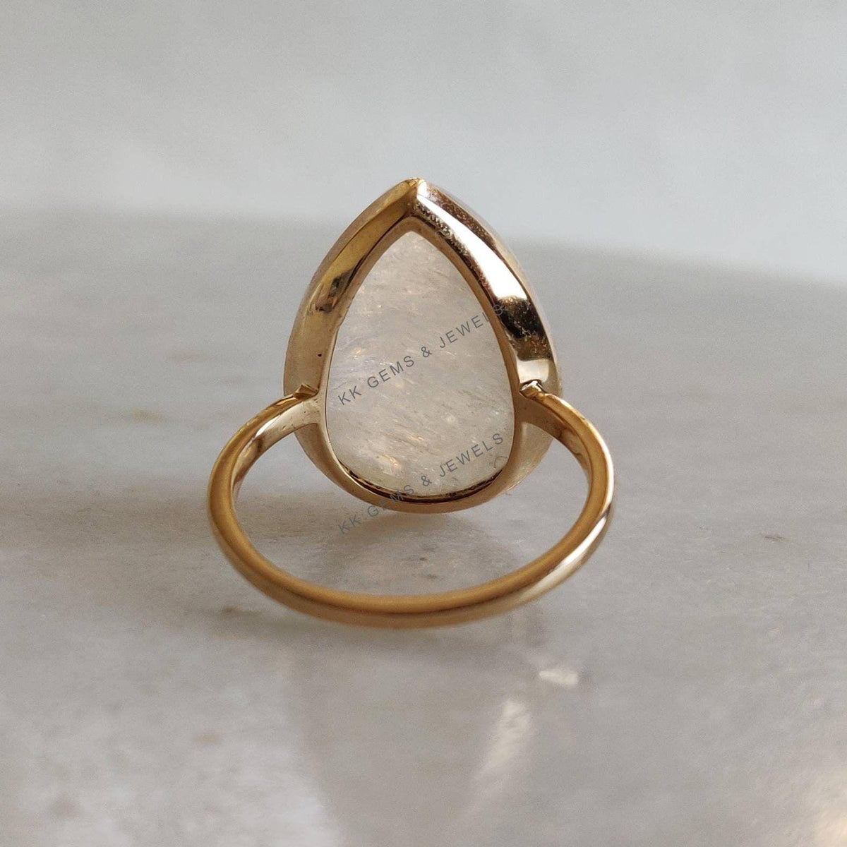 Pear Natural Rainbow Moonstone Ring, 14K Solid Gold, June Birthstone