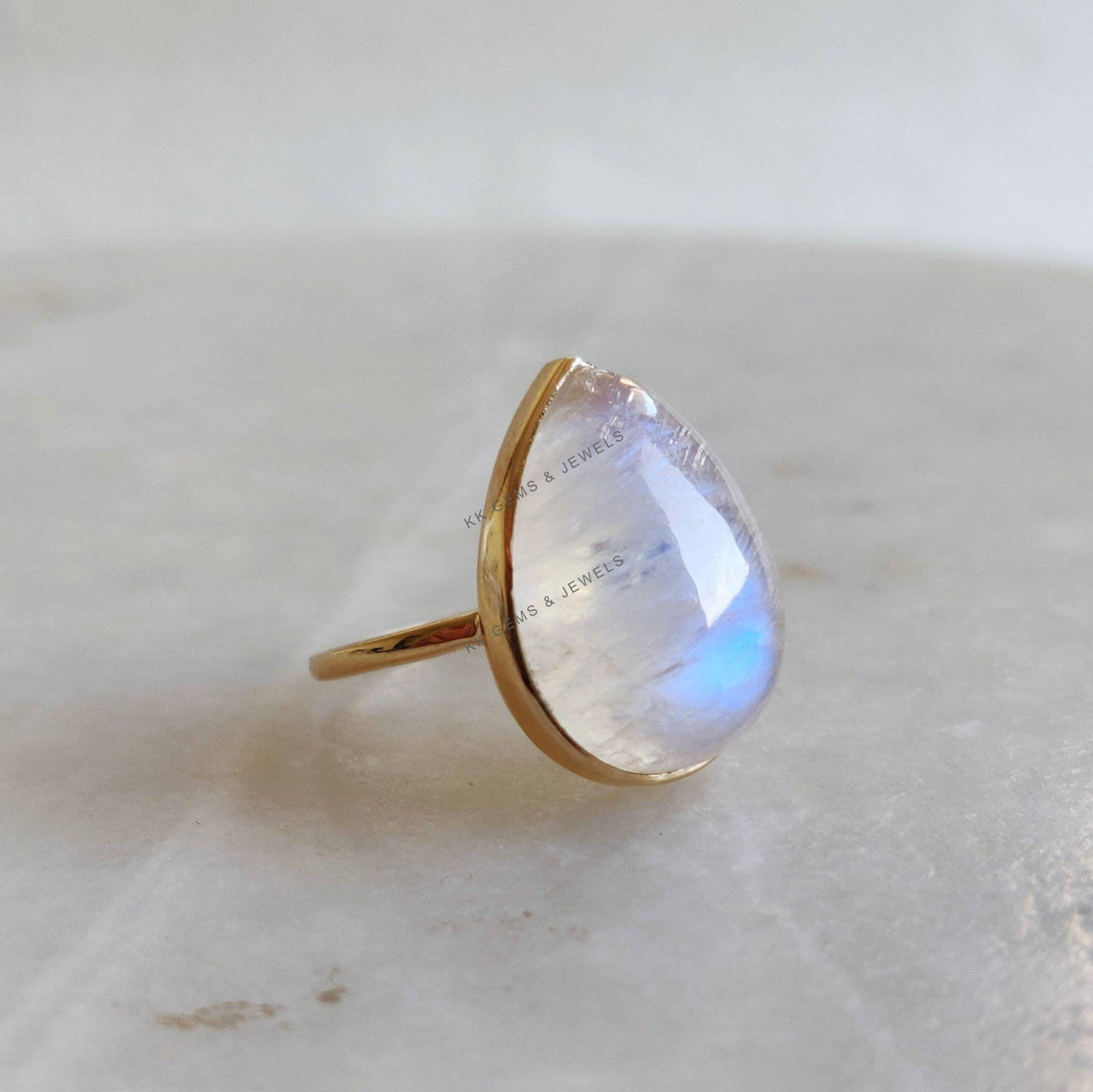 Pear Natural Rainbow Moonstone Ring, 14K Solid Gold, June Birthstone
