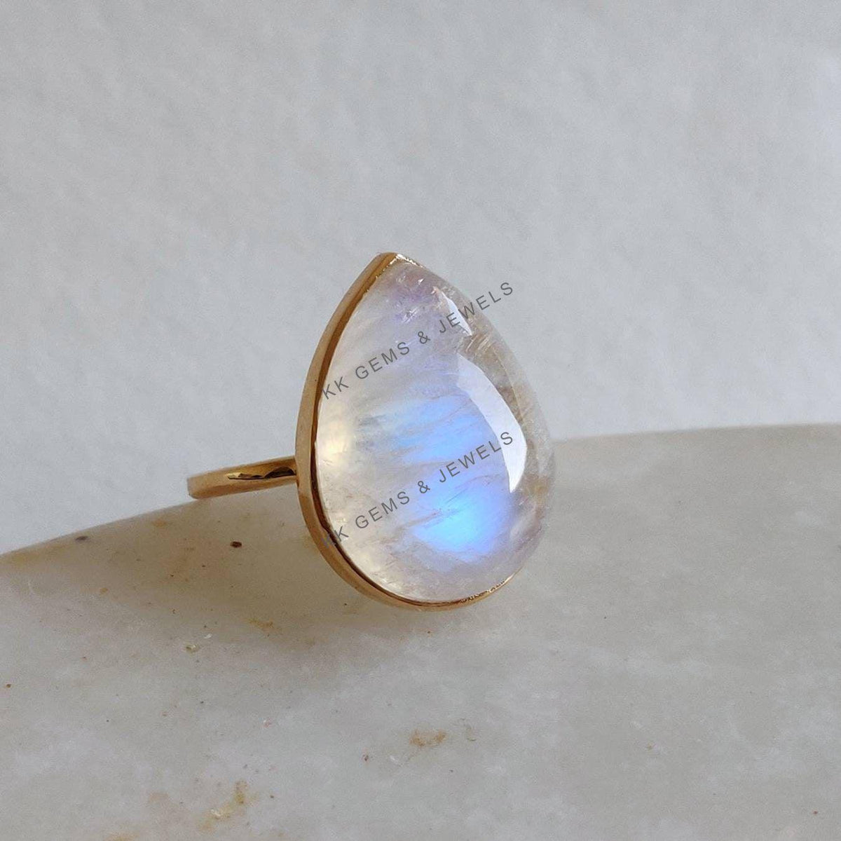 Pear Natural Rainbow Moonstone Ring, 14K Solid Gold, June Birthstone