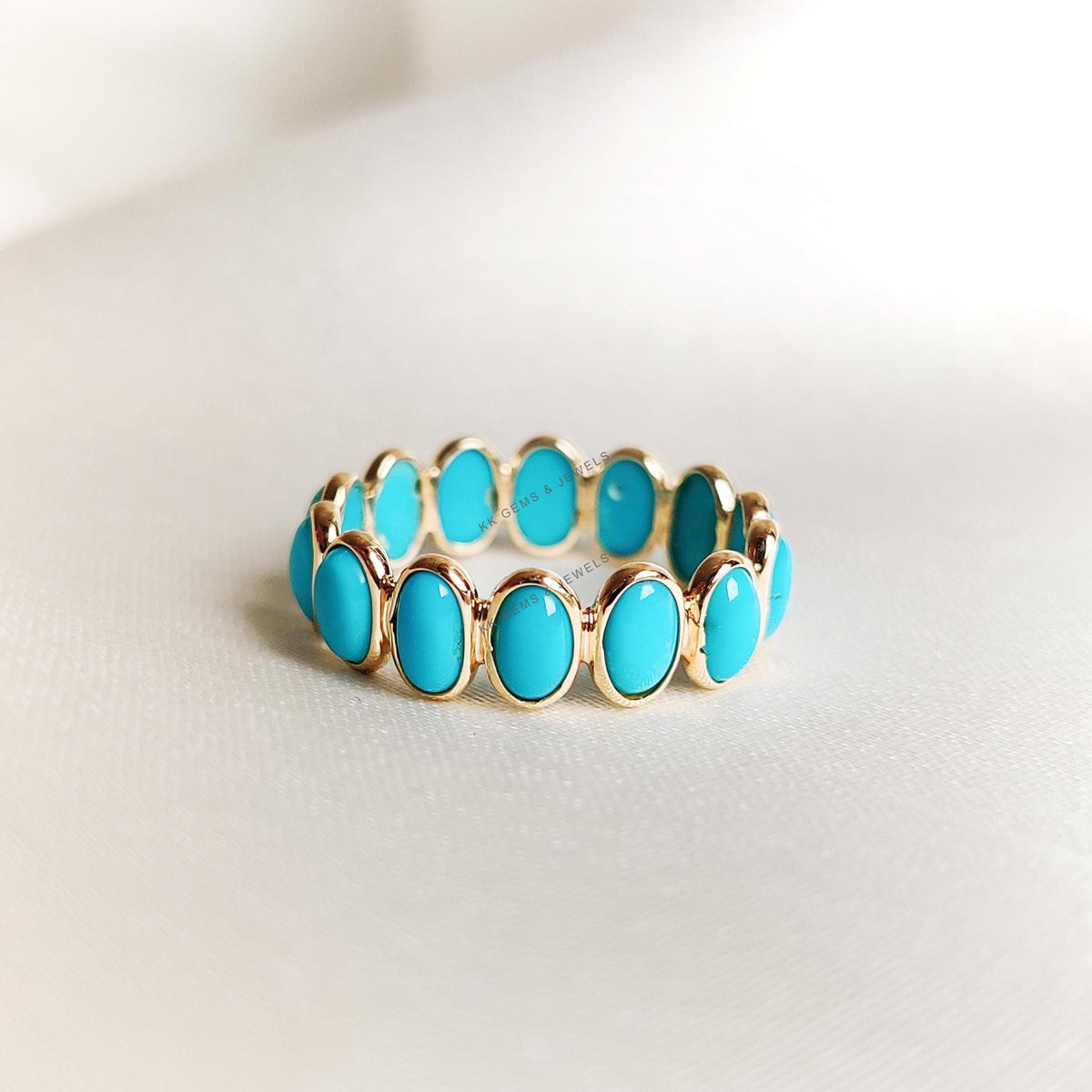 Natural Turquoise 14K Solid Gold Ring, Bezel Set Eternity Band