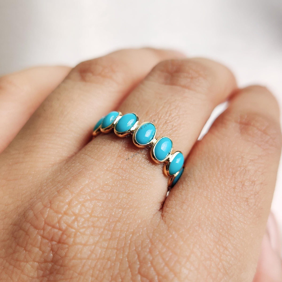 Natural Turquoise 14K Solid Gold Ring, Bezel Set Eternity Band
