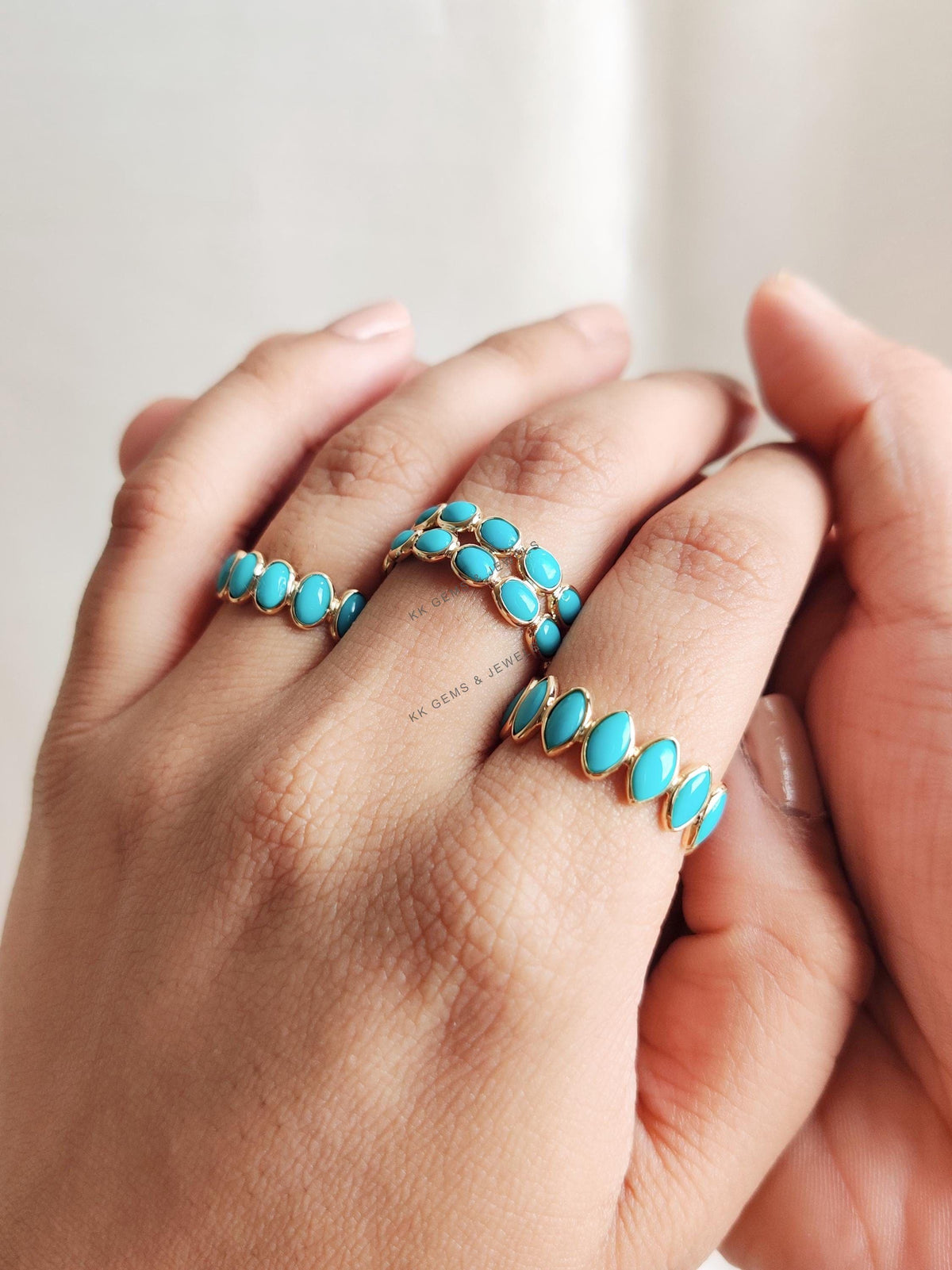 Natural Turquoise 14K Solid Gold Ring, Bezel Set Eternity Band