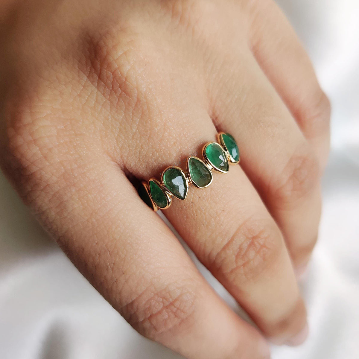 Natural Emerald Ring, 14K Solid Yellow Gold Infinity Band, May Birthstone
