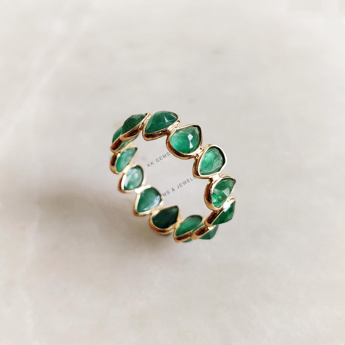 Natural Emerald Ring, 14K Solid Yellow Gold Infinity Band, May Birthstone