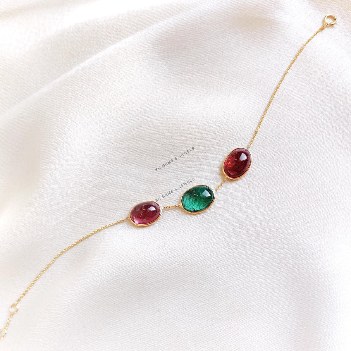 14K Solid Gold Natural Multi Tourmaline Bezel Bracelet, October Birthstone