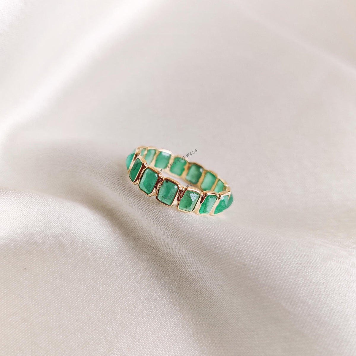 Natural Emerald Baguette Eternity Ring, 14K Solid Yellow Gold May Birthstone