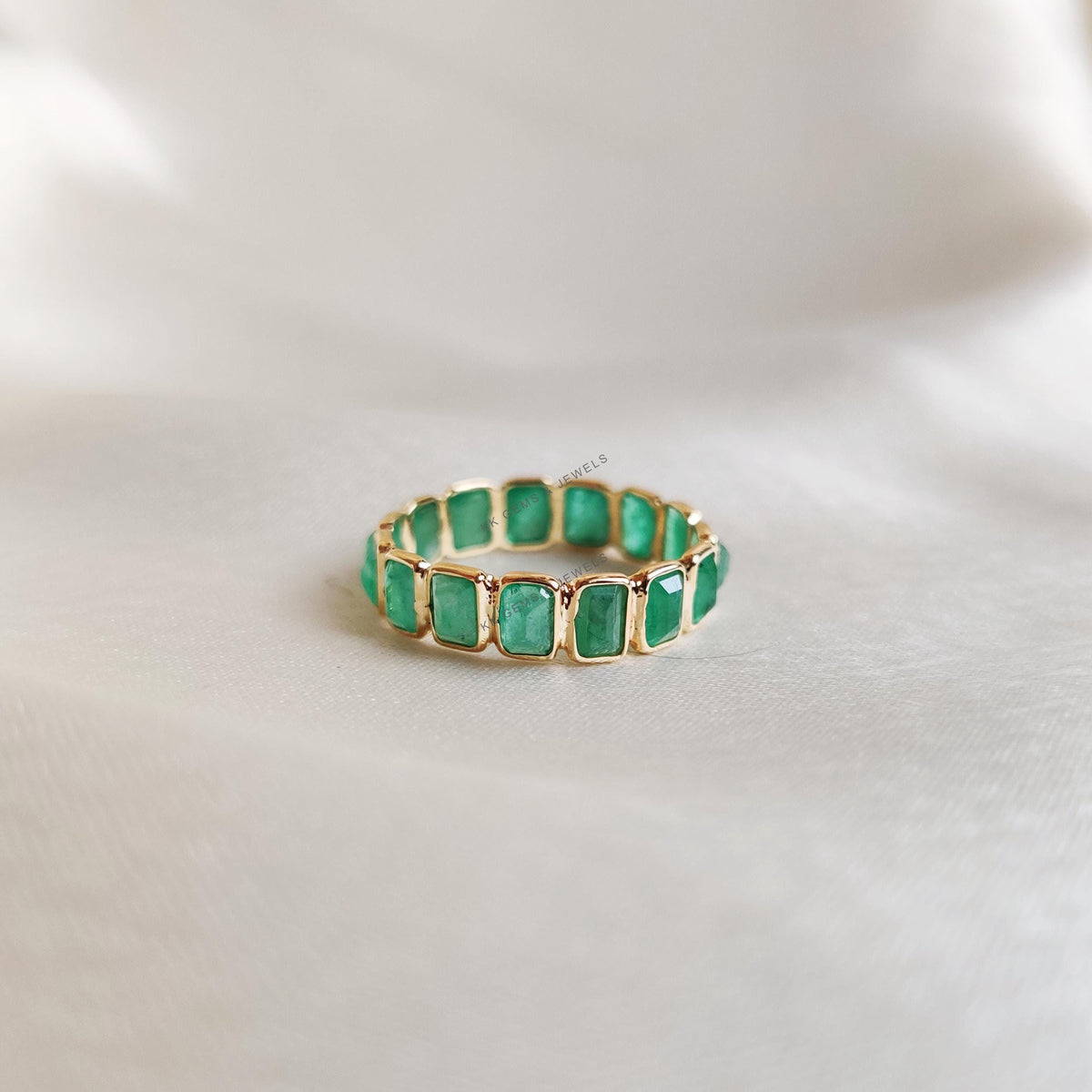 Natural Emerald Baguette Eternity Ring, 14K Solid Yellow Gold May Birthstone