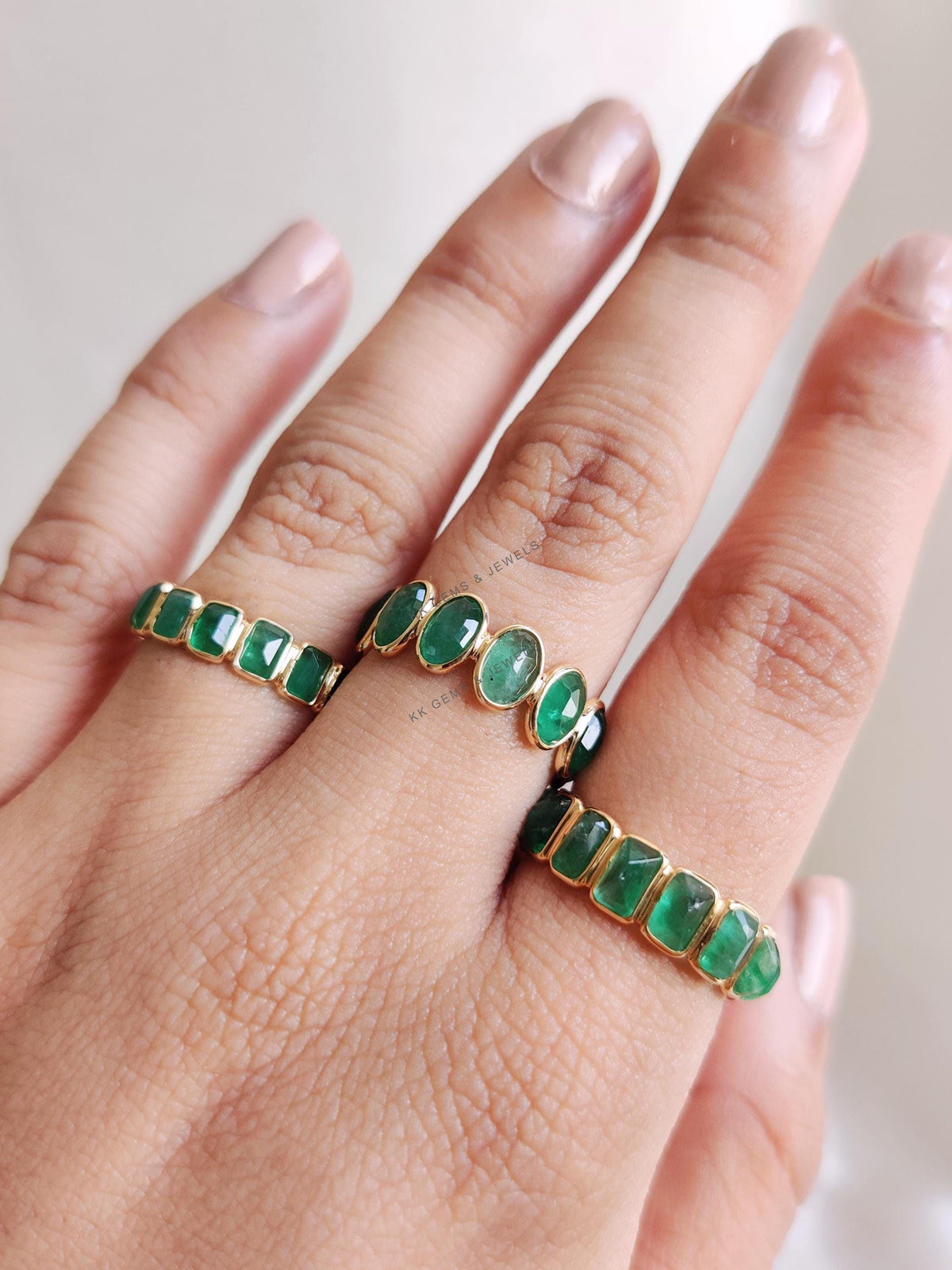 Natural Emerald Baguette Eternity Ring, 14K Solid Yellow Gold May Birthstone