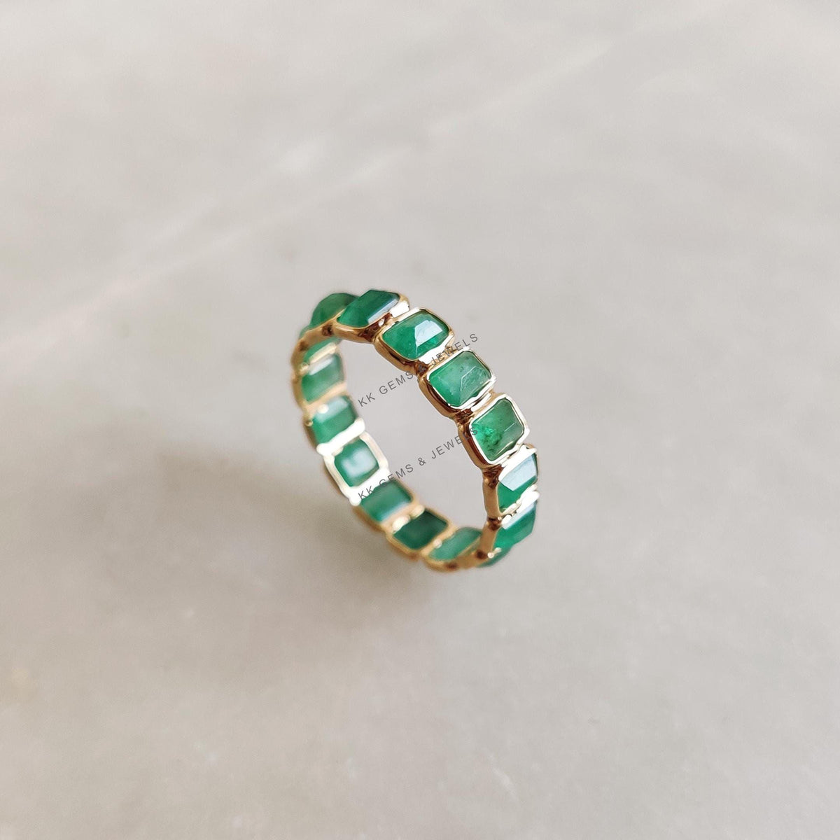 Natural Emerald Baguette Eternity Ring, 14K Solid Yellow Gold May Birthstone