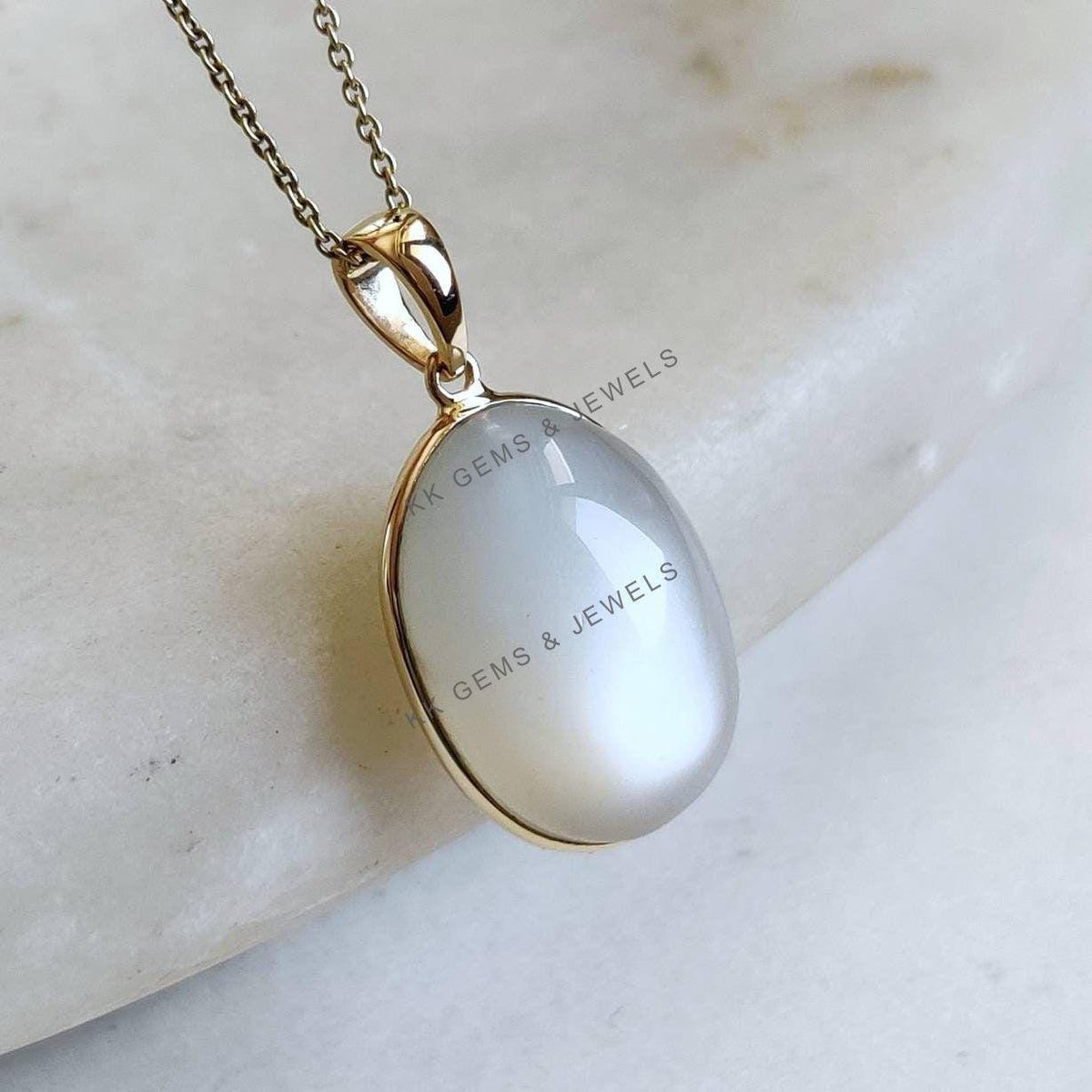 Oval Natural White Moonstone Pendant, 14K Solid Yellow Gold, June Birthstone