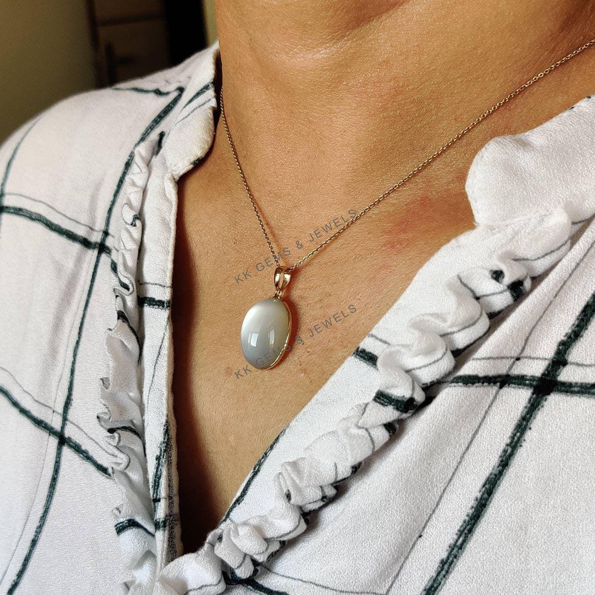 Oval Natural White Moonstone Pendant, 14K Solid Yellow Gold, June Birthstone