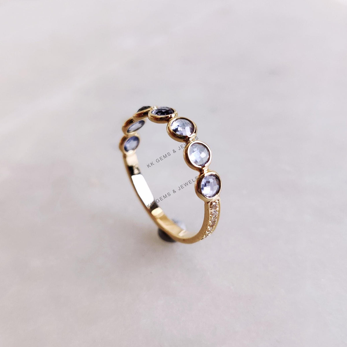 14K Solid Yellow Gold Natural Tanzanite & Diamond Ring, December Birthstone