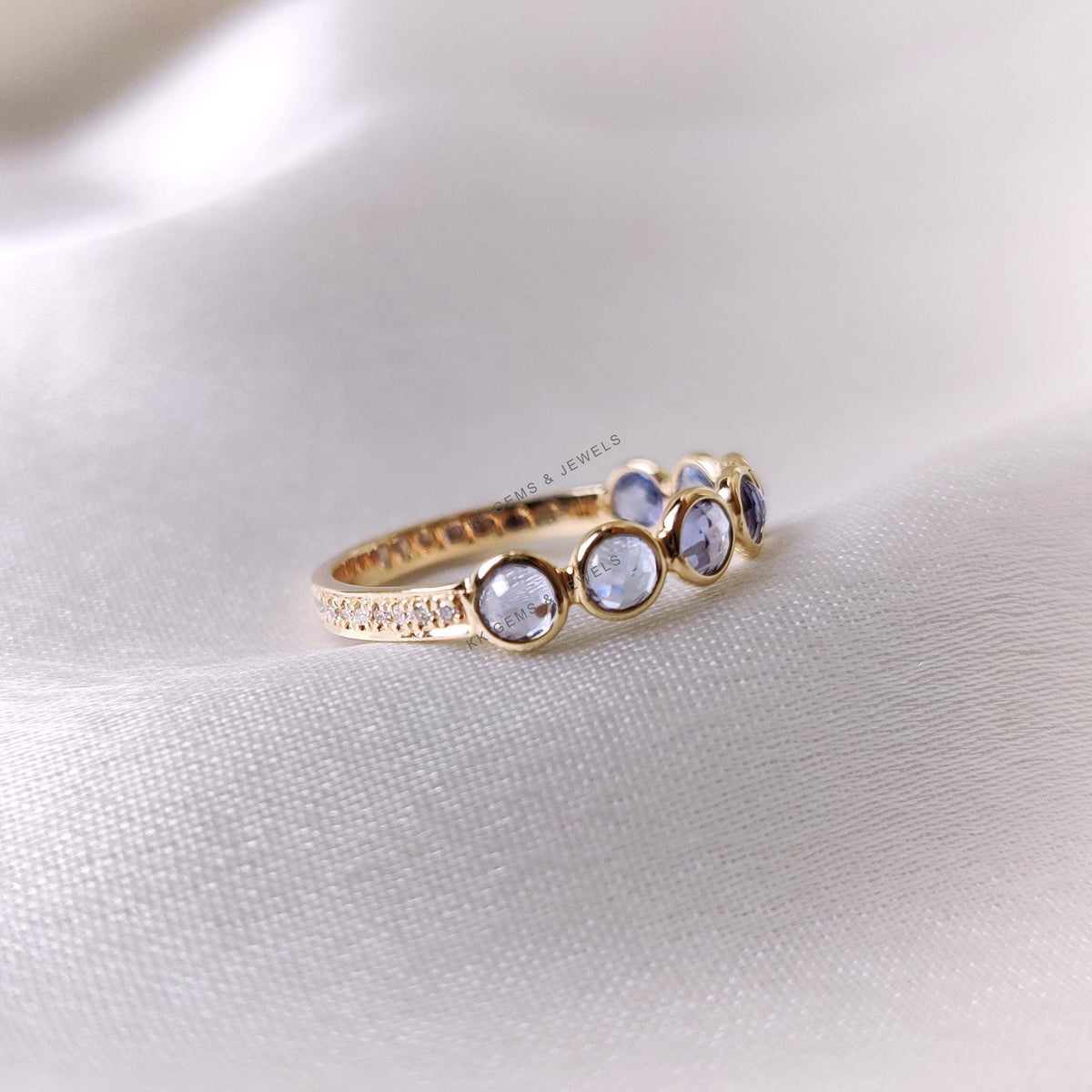 14K Solid Yellow Gold Natural Tanzanite & Diamond Ring, December Birthstone