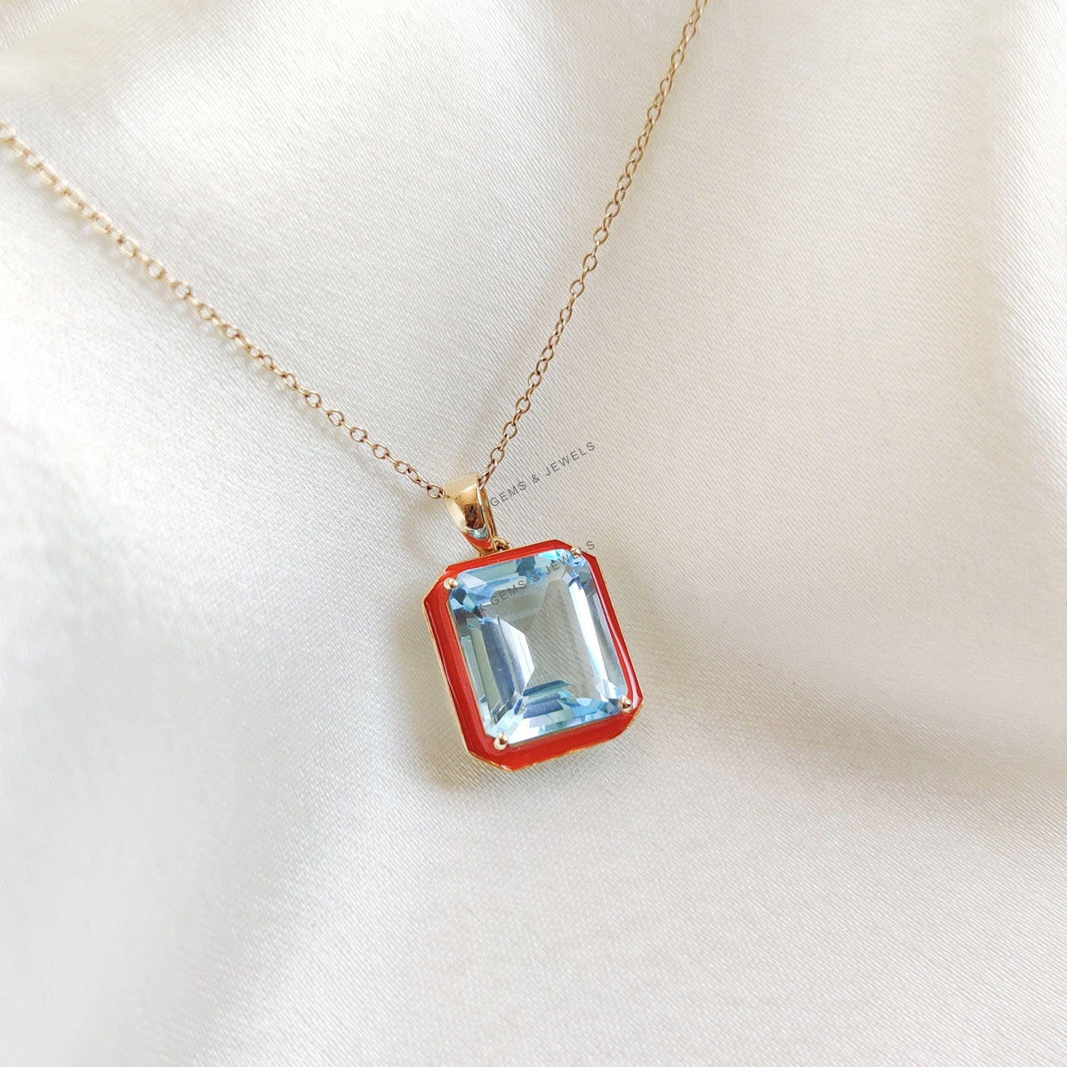 14K Solid Yellow Gold Natural Sky Blue Topaz With Orange Enamel Pendant, December Birthstone