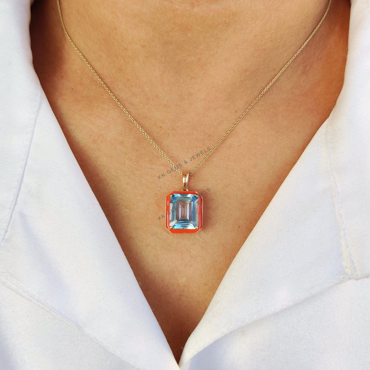 14K Solid Yellow Gold Natural Sky Blue Topaz With Orange Enamel Pendant, December Birthstone