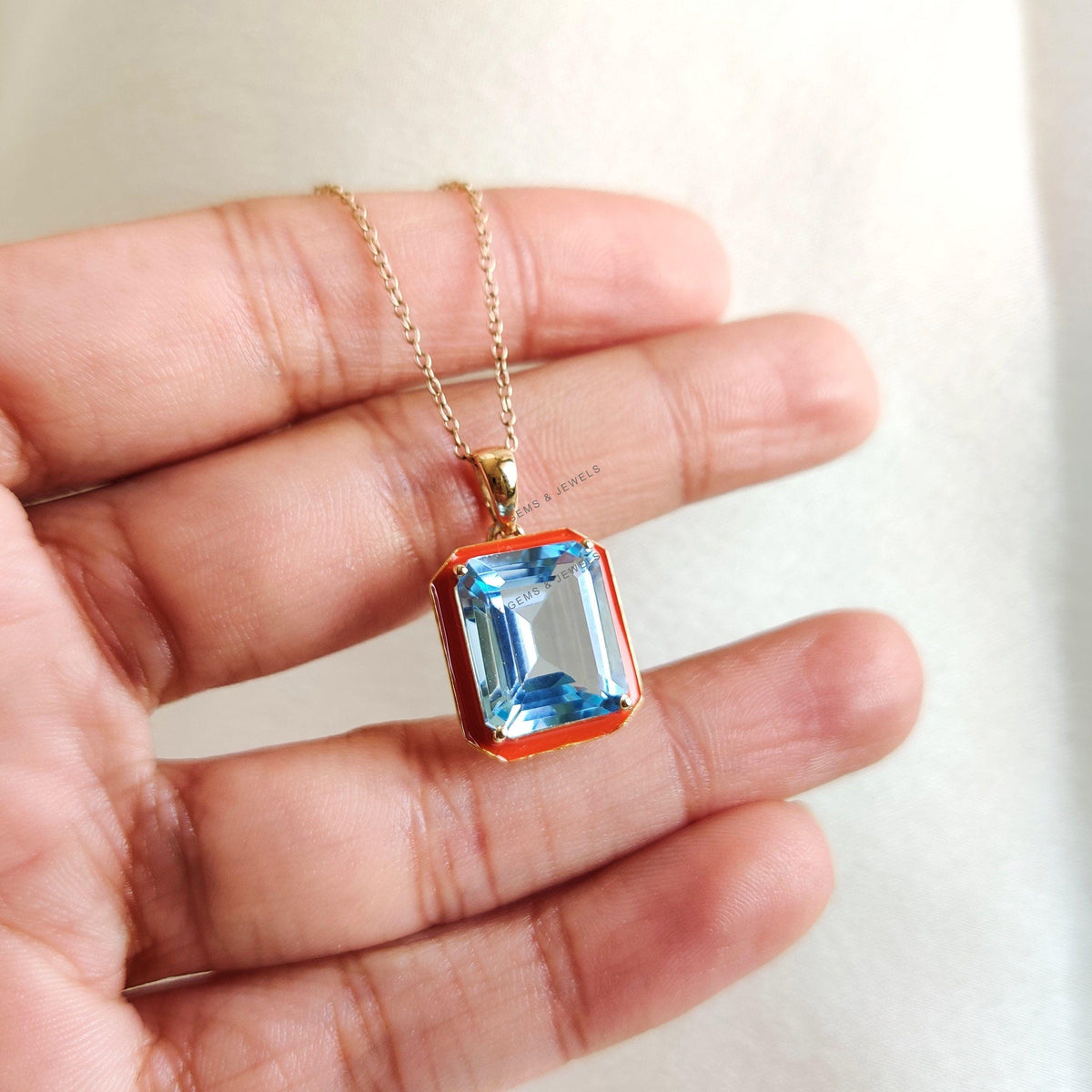 14K Solid Yellow Gold Natural Sky Blue Topaz With Orange Enamel Pendant, December Birthstone