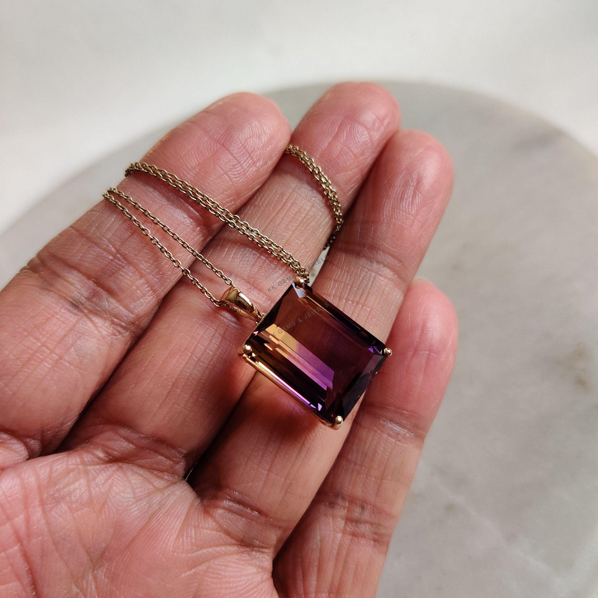 14K Solid Gold Natural Ametrine Pendant, Rectangle Cut, February November Birthstone
