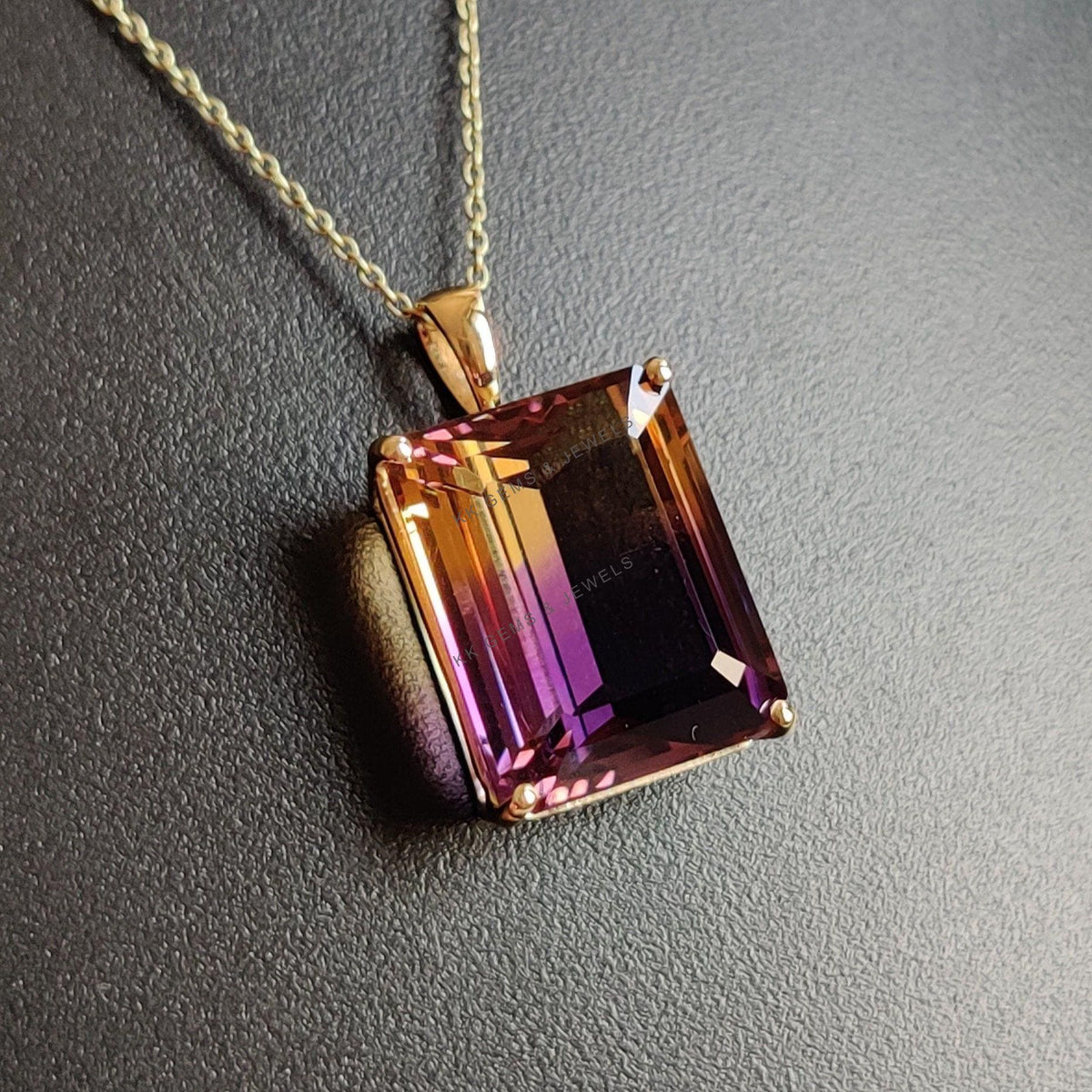 14K Solid Gold Natural Ametrine Pendant, Rectangle Cut, February November Birthstone