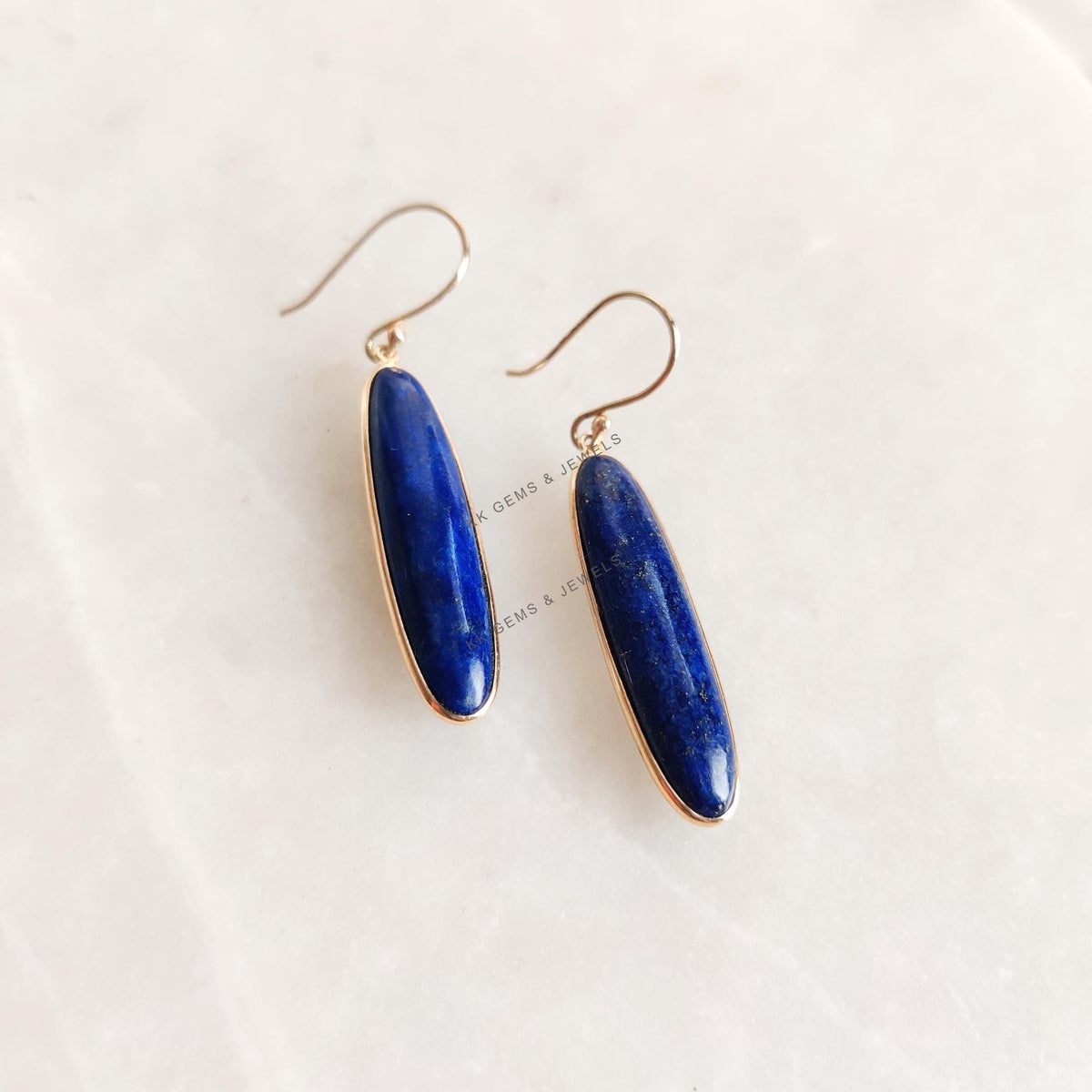 14K Solid Yellow Gold Natural Lapis Lazuli Drop Earrings, September Birthstone