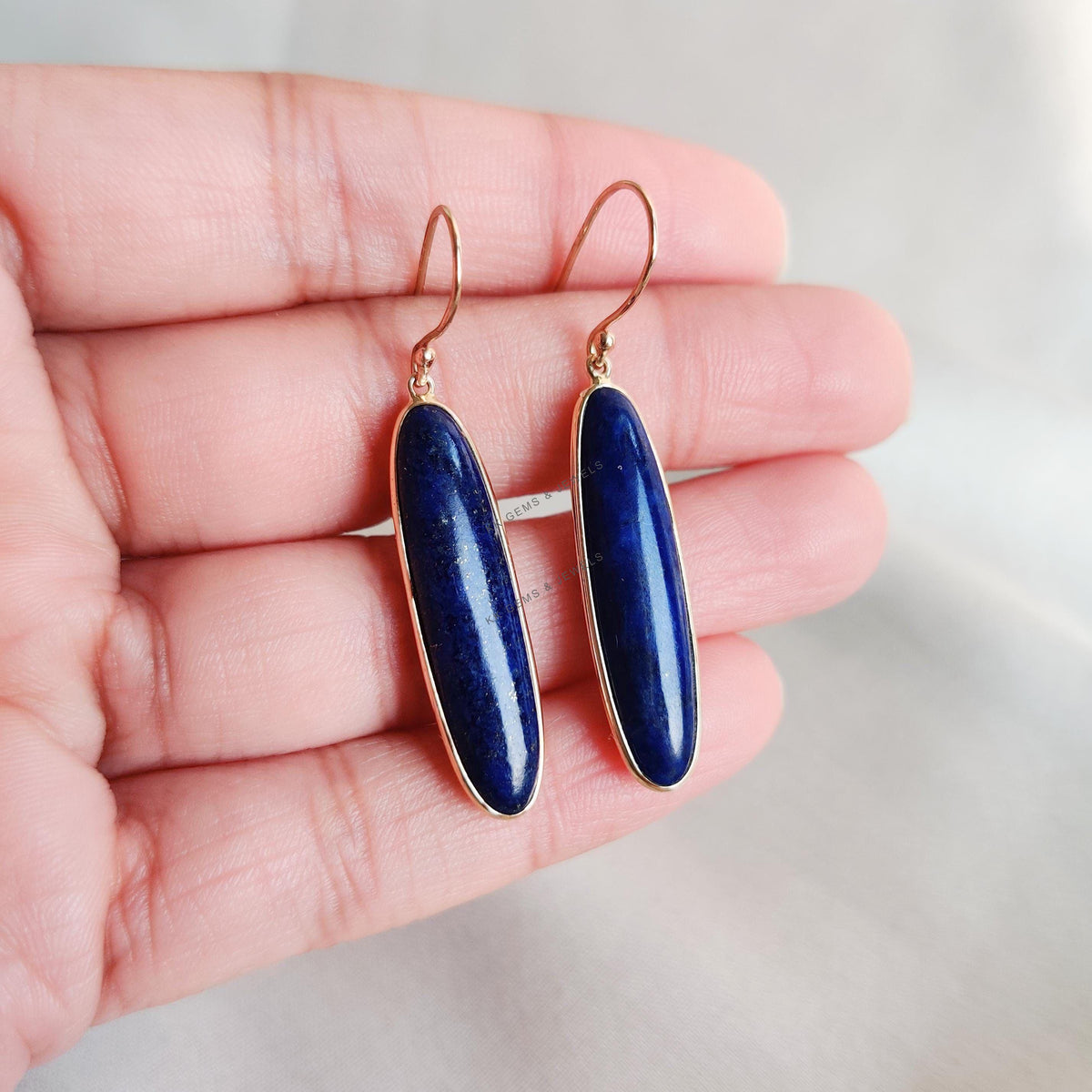 14K Solid Yellow Gold Natural Lapis Lazuli Drop Earrings, September Birthstone