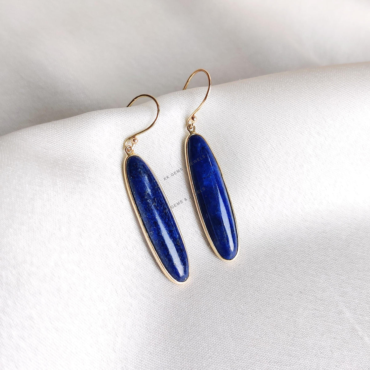 14K Solid Yellow Gold Natural Lapis Lazuli Drop Earrings, September Birthstone