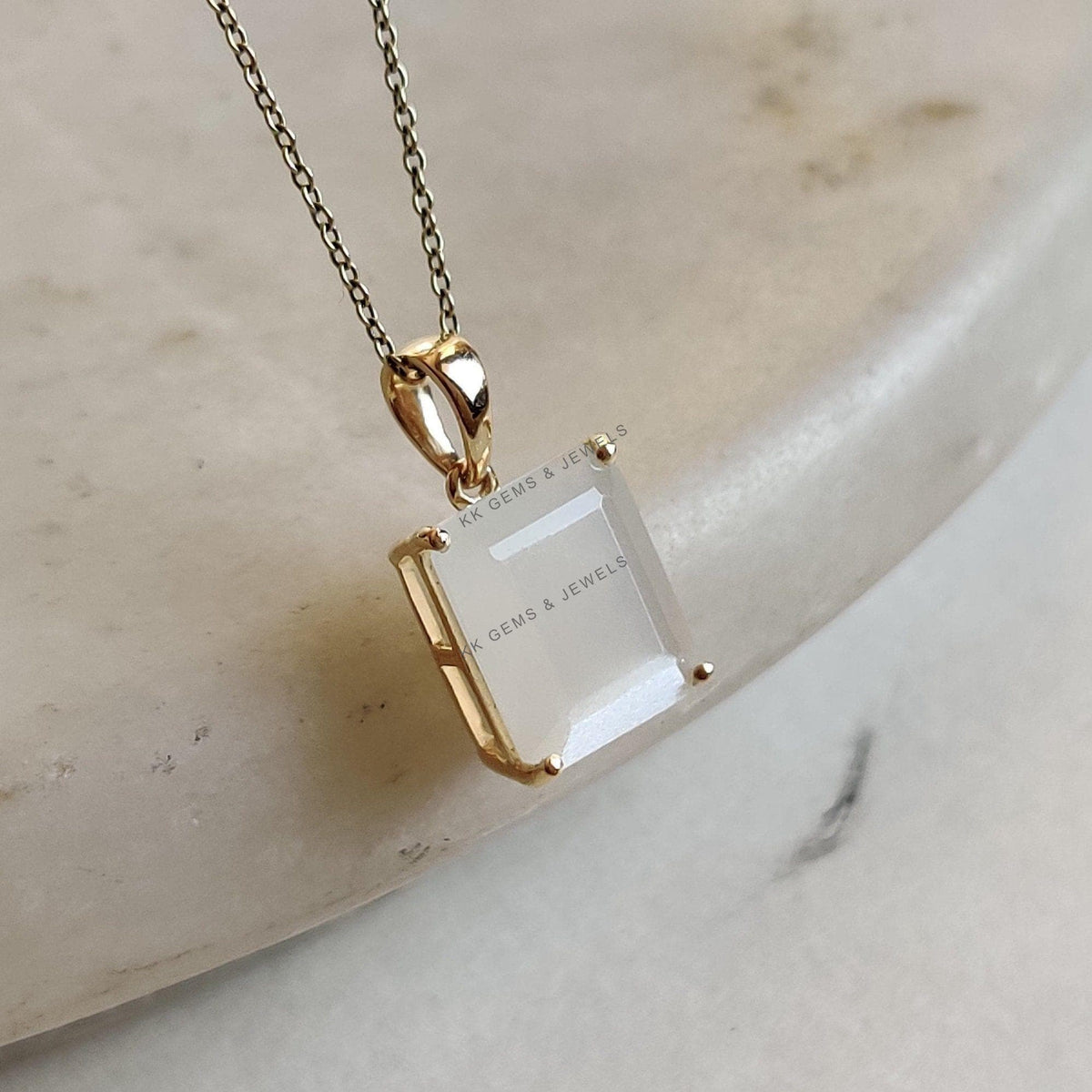 14K Solid Yellow Gold Natural White Moonstone Pendant, June Birthstone, Christmas Present